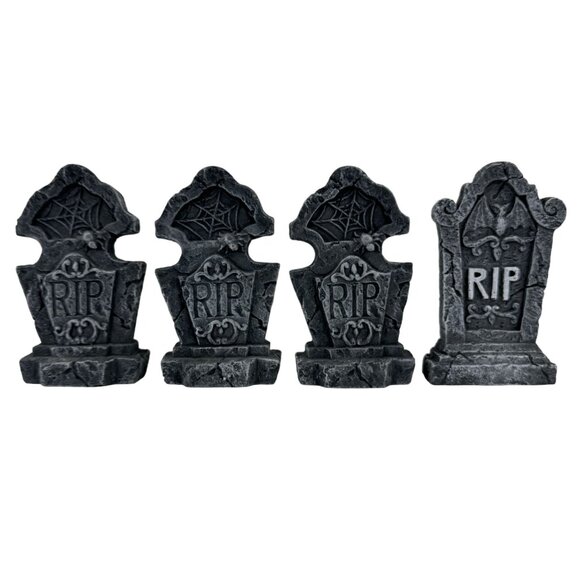 Set Of 4 Mini Tombstone Halloween Decorations Gray RIP Grave 5 inches - Picture 1 of 10